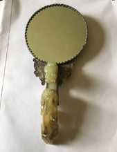 Load image into Gallery viewer, Antique Silver backed Chinese circular hand mirror with jade belt hook handle.