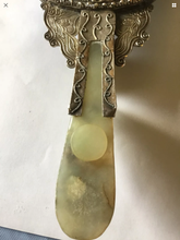 Load image into Gallery viewer, Antique Silver backed Chinese circular hand mirror with jade belt hook handle.