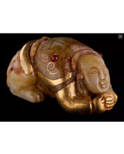 Load image into Gallery viewer, An unusual Chinese possibly gold mounted jade crouching figure.