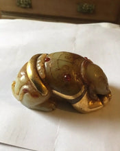 Load image into Gallery viewer, An unusual Chinese possibly gold mounted jade crouching figure.