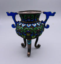 Load image into Gallery viewer, Chinese silver enamelled two handled jai vessel on tripod feet