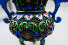 Load image into Gallery viewer, Chinese silver enamelled two handled jai vessel on tripod feet