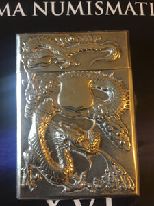 A  Chinese export silver rectangular card case dragon and prunus flowers.