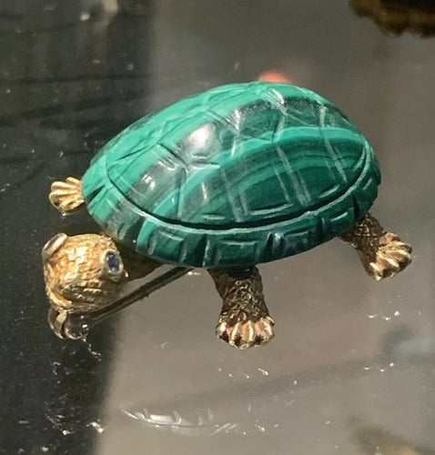 Vintage 18ct Gold and Sapphires Malachite Carved Tortoise Brooch