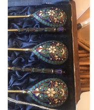 Load image into Gallery viewer, 6 silver gilt Russian cloisonné enamel decorated teaspoons with original case.