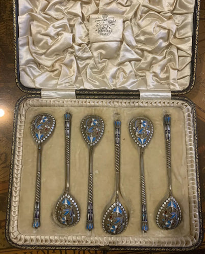set of six stunning 84 Russian silver gilt And Polychrome enamel teaspoons by Vasily Agafonov ? BA , Moscow 1896
