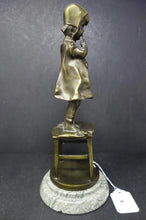 Load image into Gallery viewer, Bronze Statue of a Timid Girl standing on a chair. Reproduction signed cast Juan Clara 1875-1958