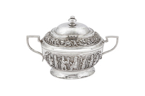 An early 20th century Iranian (Persian) unmarked silver covered twin handled sugar bowl, Shiraz circa 1930