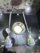 Load image into Gallery viewer, A pair of Russian silver and enamel spoons &amp; salt pot , Nikolai Pavlov, Moscow 1908 - 1927 mark