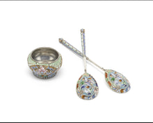 Load image into Gallery viewer, A pair of Russian silver and enamel spoons &amp; salt pot , Nikolai Pavlov, Moscow 1908 - 1927 mark