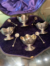 Load image into Gallery viewer, A cased set of Edwardian Silver salts  &amp; spoons, by Charles Edwards ,London 1906