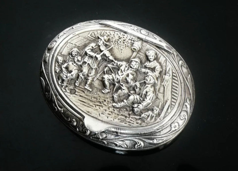 Antique Dutch Silver 833 Snuff Box Tobacco Lid Floral Lion Mark Musician  c.1890