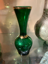 Load image into Gallery viewer, Vintage Green Venetian Murano Glass Vase - Hand Painted &amp; 24k Gold Gilded