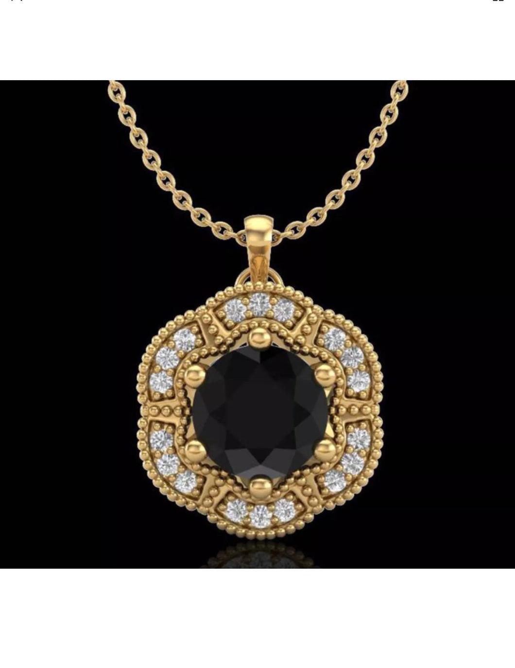 Brand new 1.01 CTW Fancy Black Diamond Solitaire Art Deco Stud Necklace 18K Yellow Gold