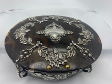 Load image into Gallery viewer, A Victorian silver mounted tortoiseshell oval dressing table jewel casket, George Fox, London 1892