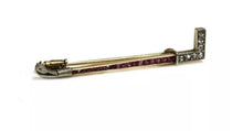 Load image into Gallery viewer, cased Continental 14ct Gold &amp; Platinum Art Deco ruby and diamond hunting crop bar brooch