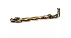 cased Continental 14ct Gold & Platinum Art Deco ruby and diamond hunting crop bar brooch