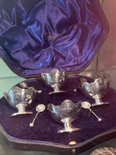 Load image into Gallery viewer, A cased set of Edwardian Silver salts  &amp; spoons, by Charles Edwards ,London 1906