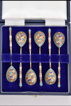 Load image into Gallery viewer, CASED SET OF SIX RUSSIAN SILVER GILT CLOISONNÉ  TEASPOONS