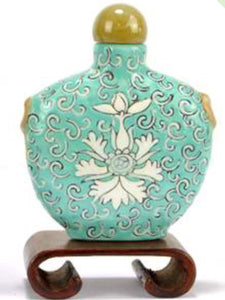 2 similar Chinese Republic Floral enamelled Snuff bottles , Dark Blue and Turquoise.