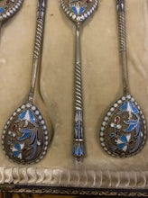 Load image into Gallery viewer, set of six stunning 84 Russian silver gilt And Polychrome enamel teaspoons by Vasily Agafonov ? BA , Moscow 1896