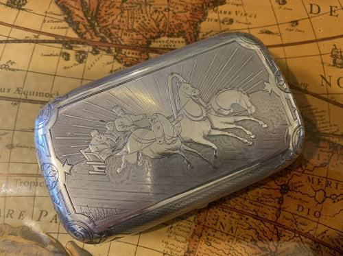 19th century Russian 84 Silver Niello Cheroot Case with figures on a Horse & Chariot style Theme