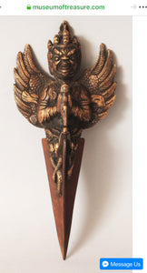 A Phurba Bronze parcel gilt ritual dagger in box. Early 20th century.