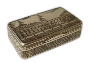 A Russian silver cushioned-rectangular snuff box with niello work ,Anip Kuzmichev 1881 Moscow