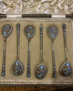 set of six stunning 84 Russian silver gilt And Polychrome enamel teaspoons by Vasily Agafonov ? BA , Moscow 1896