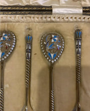 Load image into Gallery viewer, set of six stunning 84 Russian silver gilt And Polychrome enamel teaspoons by Vasily Agafonov ? BA , Moscow 1896