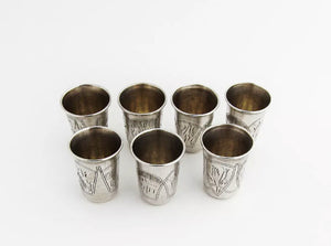 Russian 84 standard silver set of 7 vodka shot cupsEseevich Zakhoder, Kiev, c. 1908-1917