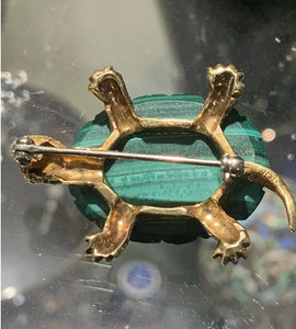Vintage 18ct Gold and Sapphires Malachite Carved Tortoise Brooch
