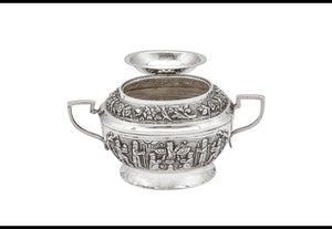 An early 20th century Iranian (Persian) unmarked silver covered twin handled sugar bowl, Shiraz circa 1930