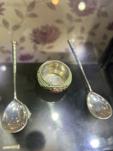 A pair of Russian silver and enamel spoons & salt pot , Nikolai Pavlov, Moscow 1908 - 1927 mark