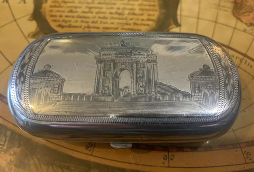 Russian silver & niello Cheroot Case (Cigars )19th Century. Themed with Triumphal Gate, Tverskaya Zastava Square in Moscow