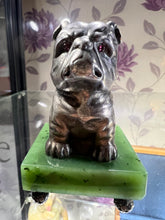 Load image into Gallery viewer, Russian Solid Silver Bulldog with Ruby Eyes mounted  on a Jade Base I believe copy