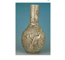 Load image into Gallery viewer, Noble Chinese Tibet Silver Copper Handmade Carved Crane Statue Vase Size