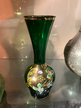 Load image into Gallery viewer, Vintage Green Venetian Murano Glass Vase - Hand Painted &amp; 24k Gold Gilded