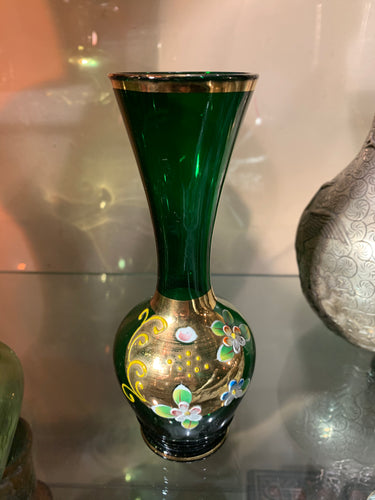 Vintage Green Venetian Murano Glass Vase - Hand Painted & 24k Gold Gilded
