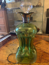 Load image into Gallery viewer, An Edwardian silver mounted green glass glug decanter, William Comyns London 1905
