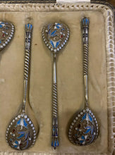 Load image into Gallery viewer, set of six stunning 84 Russian silver gilt And Polychrome enamel teaspoons by Vasily Agafonov ? BA , Moscow 1896