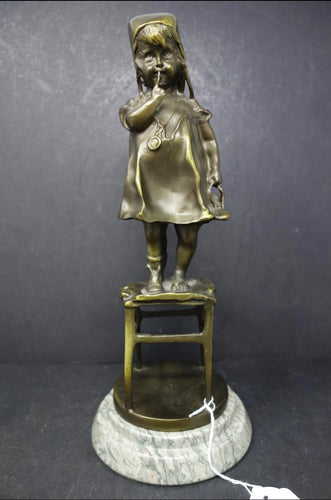 Bronze Statue of a Timid Girl standing on a chair. Reproduction signed cast Juan Clara 1875-1958