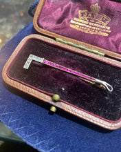 Load image into Gallery viewer, cased Continental 14ct Gold &amp; Platinum Art Deco ruby and diamond hunting crop bar brooch