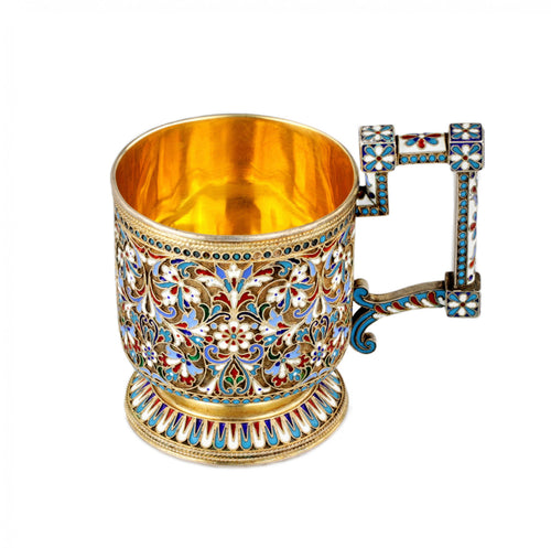 Russian 88 standard silver and enamel tea glass holder, Nikolai Vasilievich Alekseev, Assay Master Ivan Sergeyevich Lebedkin, Moscow.