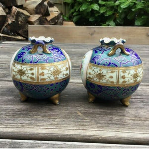Antique c.1908 Noritake Japan Hand Painted Floral Design Cauldron Tripod Vases