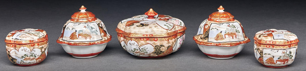 Set of 5 Japanese Kutani Boxes and Covers , early  20th Century