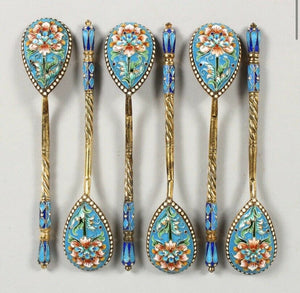 6 Russian Silver Cloisonné enamel Coffee spoons
