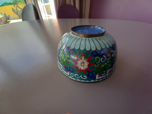 Chinese cloisonne bowl with flowers on blue ground and key decoration