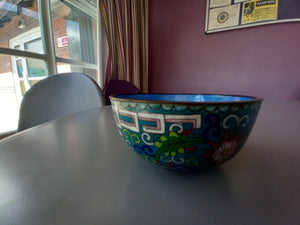 Chinese cloisonne bowl with flowers on blue ground and key decoration