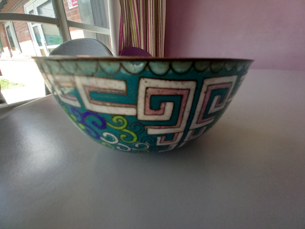 Chinese cloisonne bowl with flowers on blue ground and key decoration